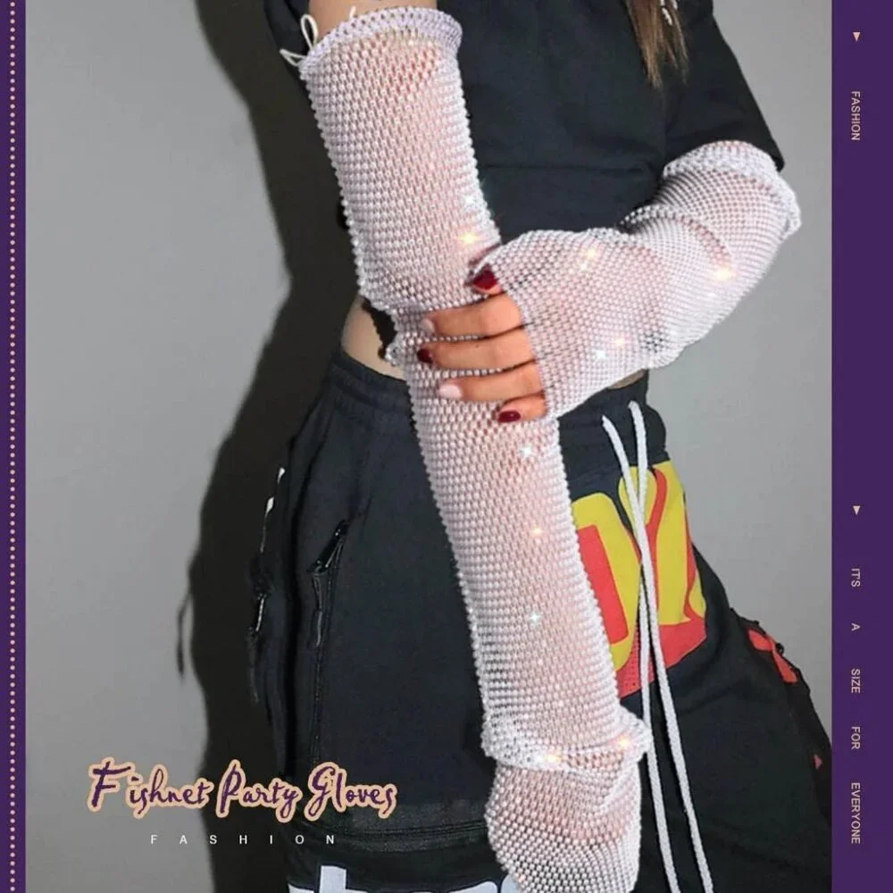 Women's White Rave Rhinestone Gloves Fingerless White New Year Mesh Arm Sleeves